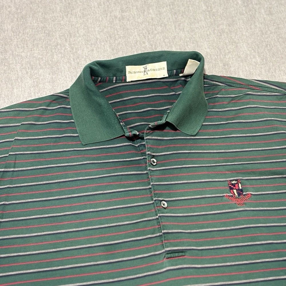Fairway & Greene Mens XL Golf Polo Shirt Green Striped Mercerized Cotton CC Logo
